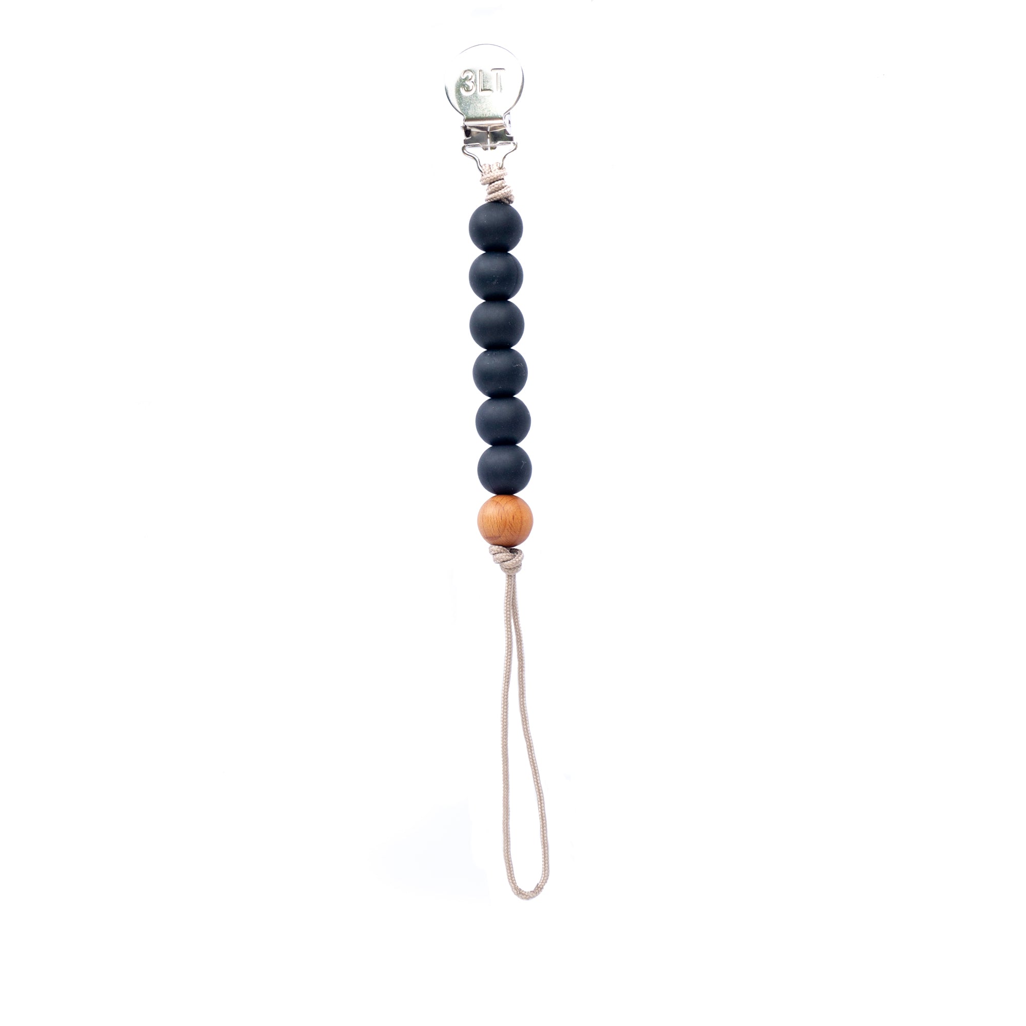 Keep your baby's pacifier secure and stylish with the Three Little Tots Black Silicone Beaded Pacifier Clip Holder.