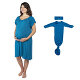 Coordinated nursing gown and newborn baby gown for stylish comfort and convenience during postpartum period.