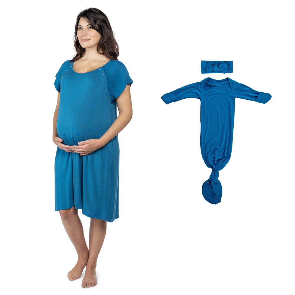 Coordinated nursing gown and newborn baby gown for stylish comfort and convenience during postpartum period.