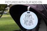 No touching baby sing for stroller for newborn or preemie baby shown on a stroller.