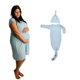 Ribbed Blue Bird Mommy & Me Matching Labor Gown and Newborn Knotted Baby Gown