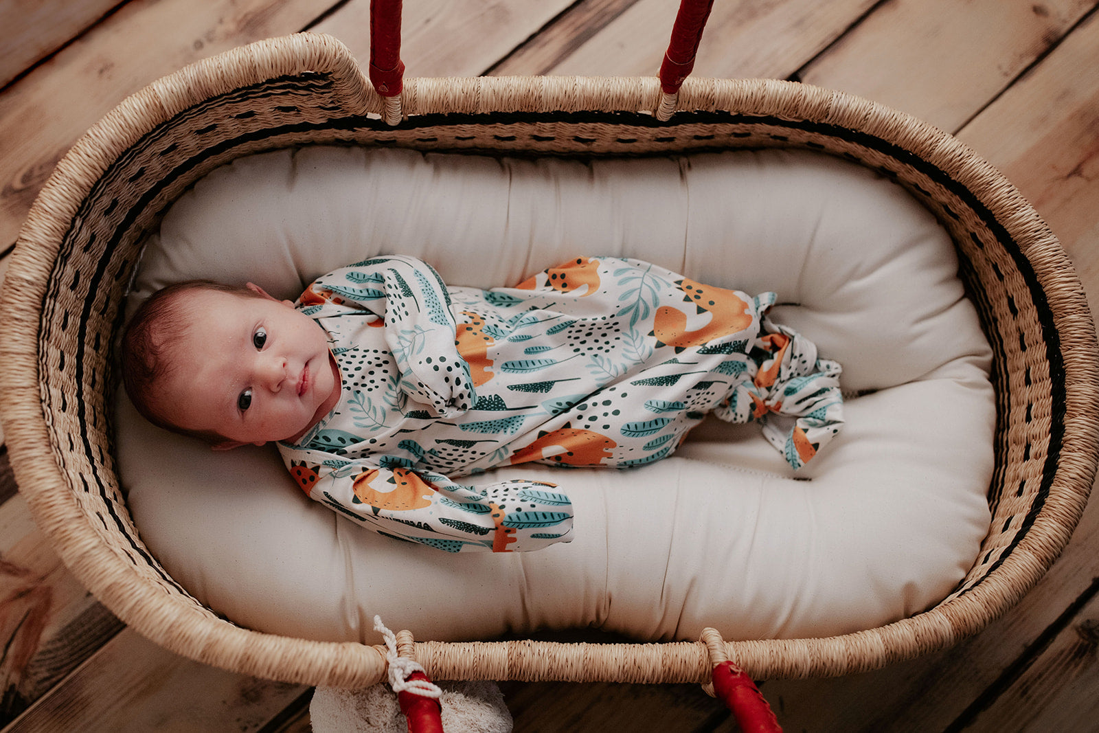 Ultra-soft Dinosaur baby gowns with stretchy fabric and tie bottom for easy night-time diaper changes. Snuggle Me organic in a plum + Sparrow moses basket