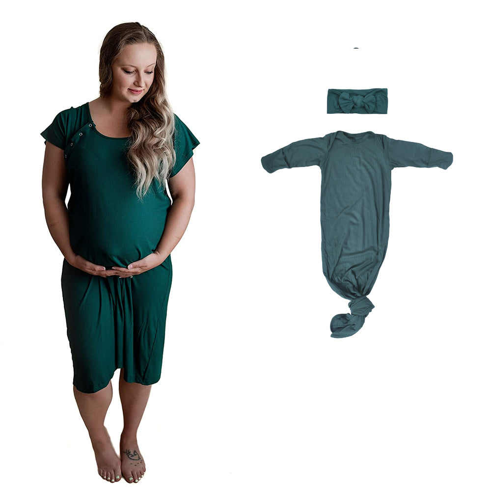 Three Little Tots Mommy and Me - Ribbed Forest Green, in Ribbed Forest Green with Bow