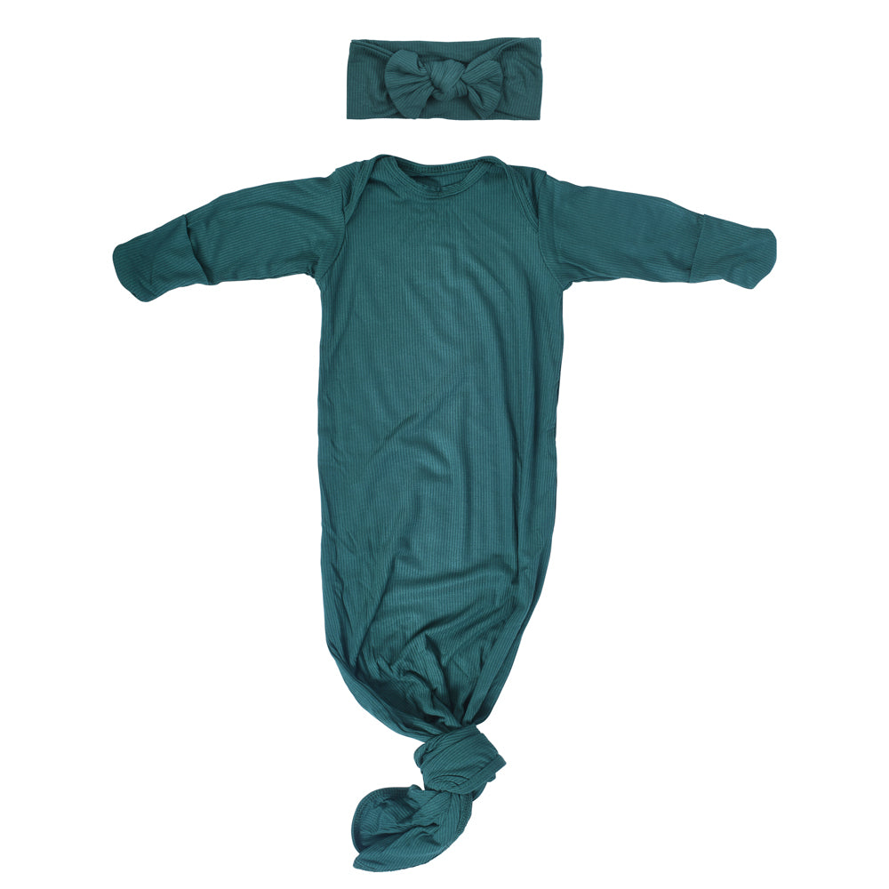 Ribbed Forest Green Ultra Soft Knotted Baby Gown Three Little Tots