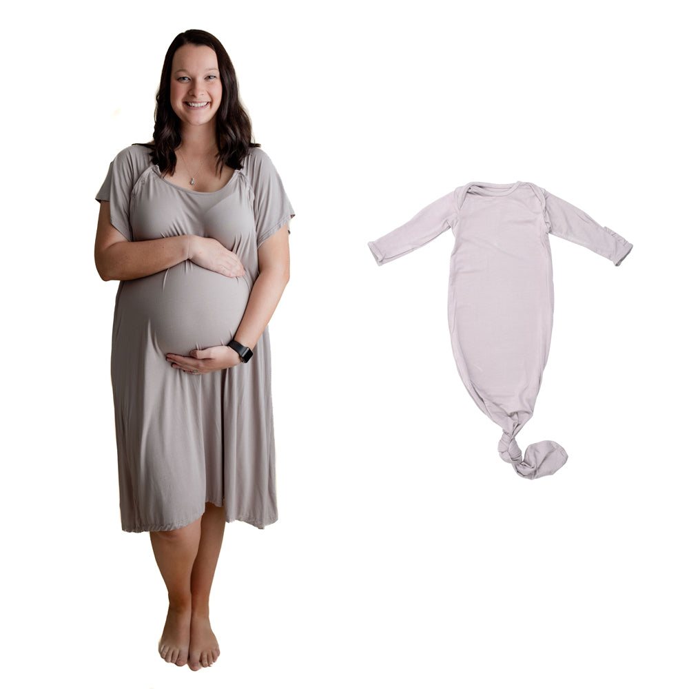 Soft, matching nursing and baby gowns that provide ease for new moms and comfort for newborns.