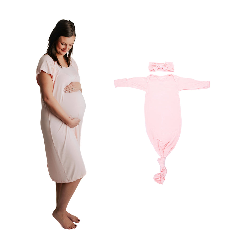 Cherish every moment with this comfy, breathable labor gown, perfect for before and after baby. Soft, matching nursing and baby gowns that provide ease for new moms and comfort for newborns.