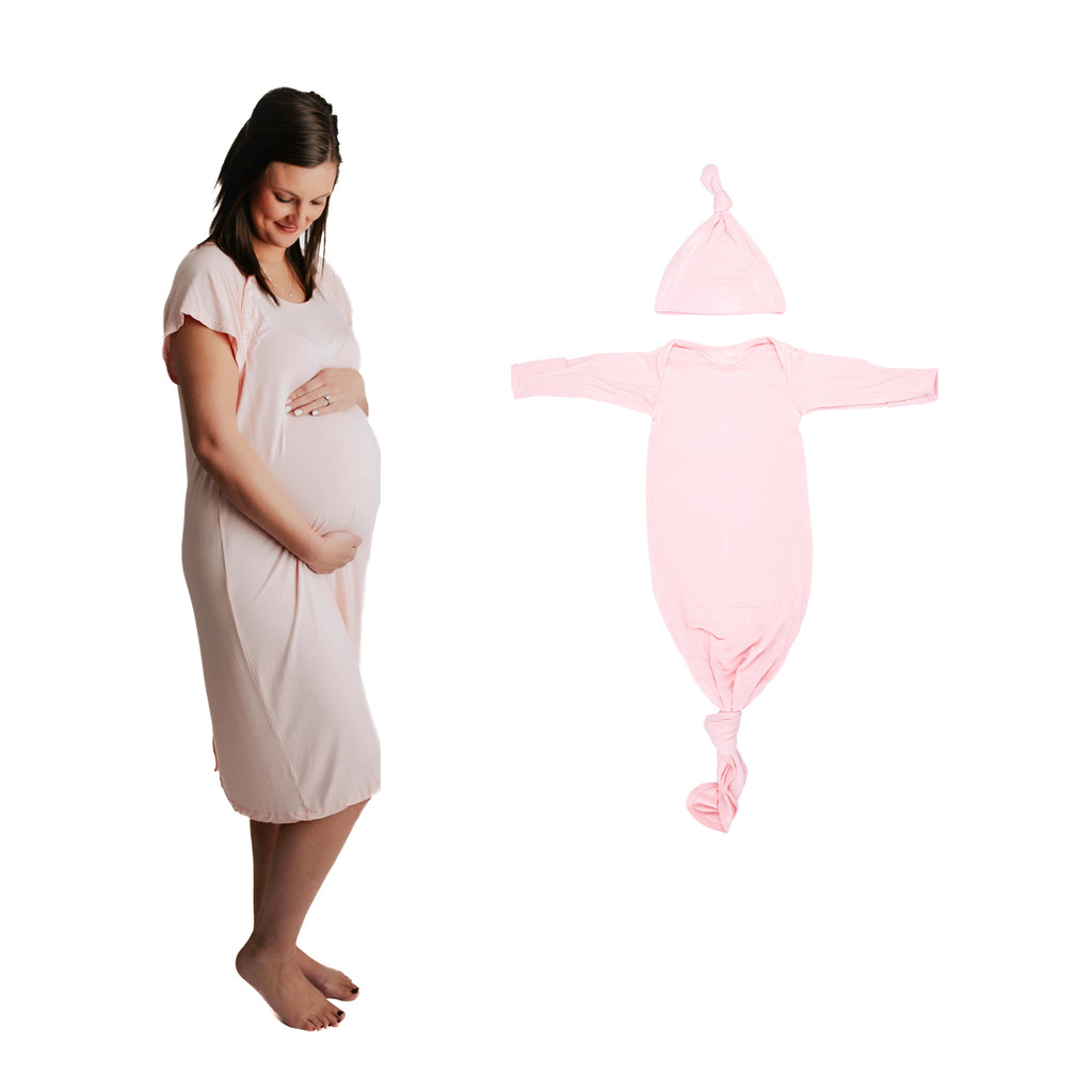 Cherish every moment with this comfy, breathable labor gown, perfect for before and after baby. Soft, matching nursing and baby gowns that provide ease for new moms and comfort for newborns.