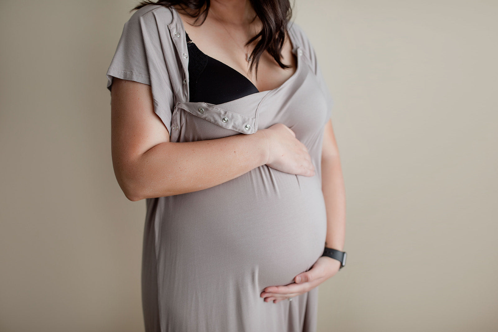 Three Little Tots labor and delivery gown with snaps down the shoulders for instant skin-on-skin, breastfeeding and it allows you to put on or take off with IVs