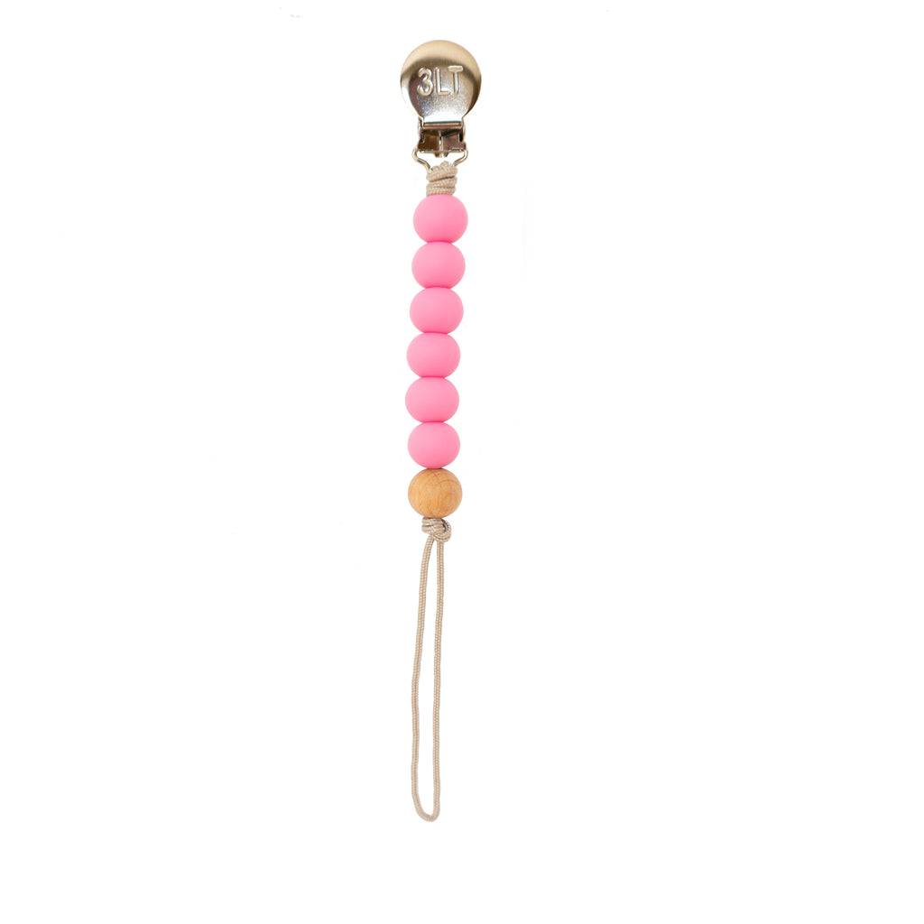 Three Little Tots Pink Silicone Beaded pacifier clip handmade in the USA.
