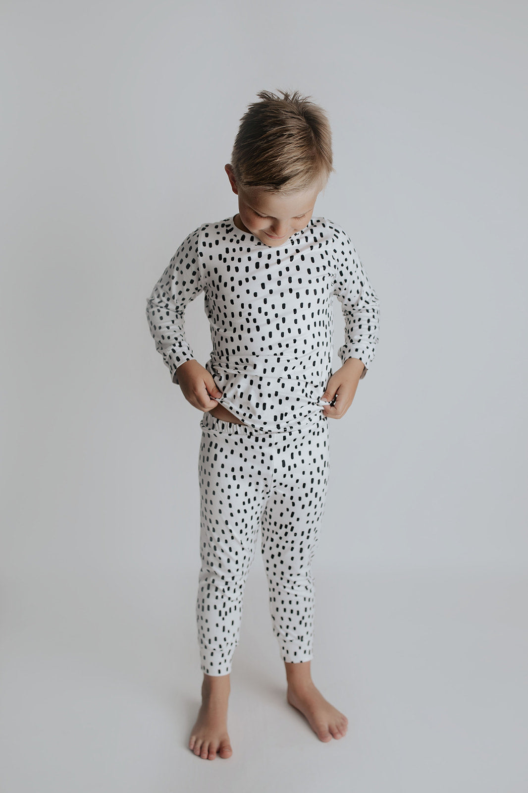Polka Dot Toddler and big kid jammies in matching prints and solids, designed for comfy bedtime or lounging all day.
