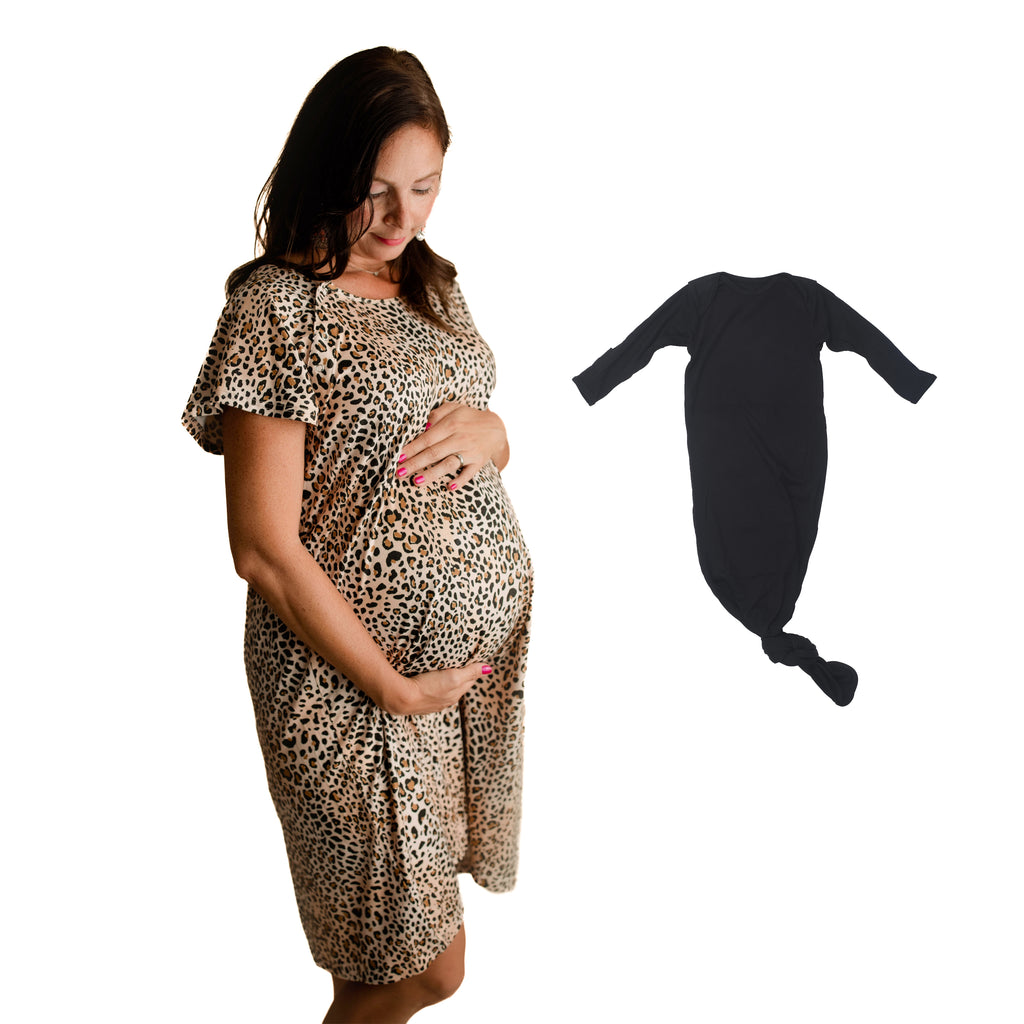 Leopard Mommy & Me Matching Labor Gown and Newborn Knotted Baby Gown
