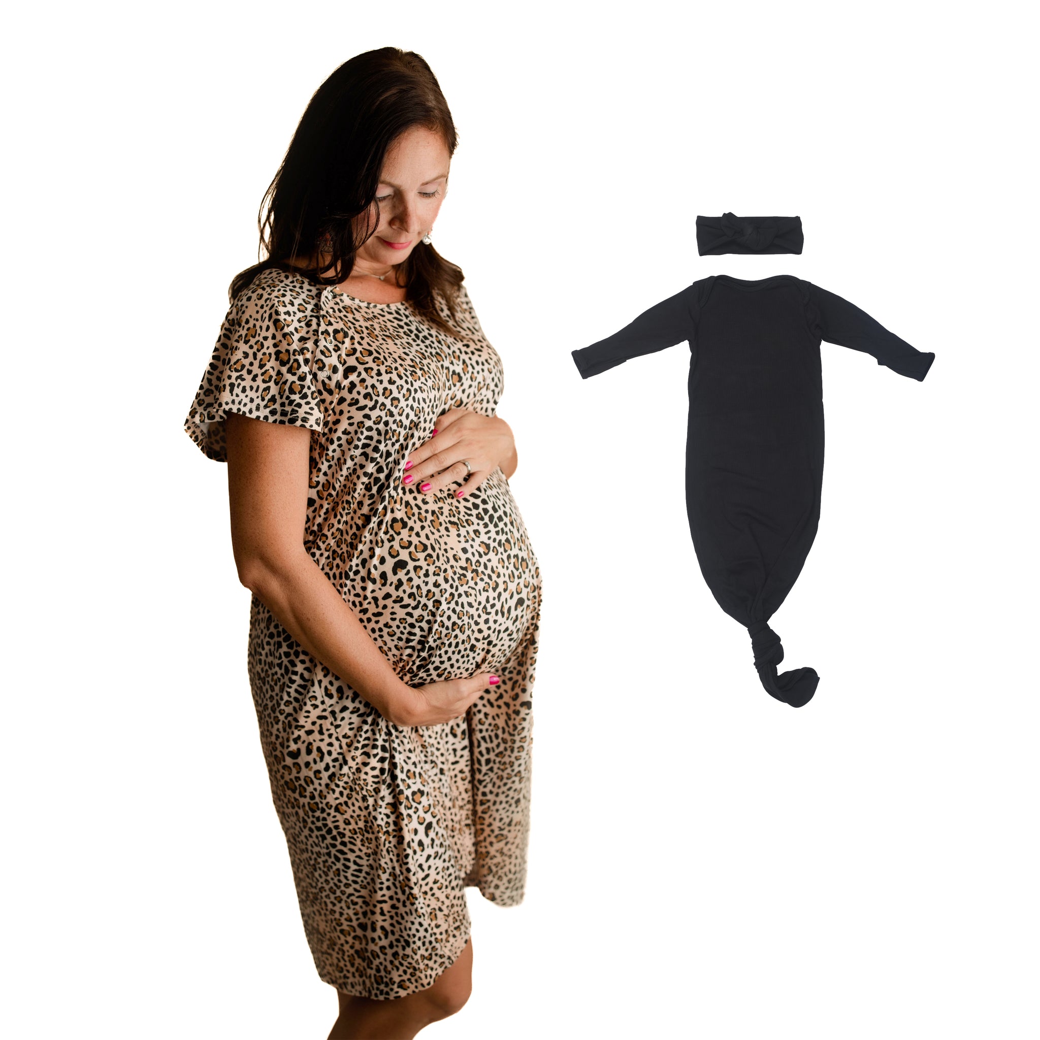 Leopard Mommy & Me Matching Labor Gown and Newborn Knotted Baby Gown