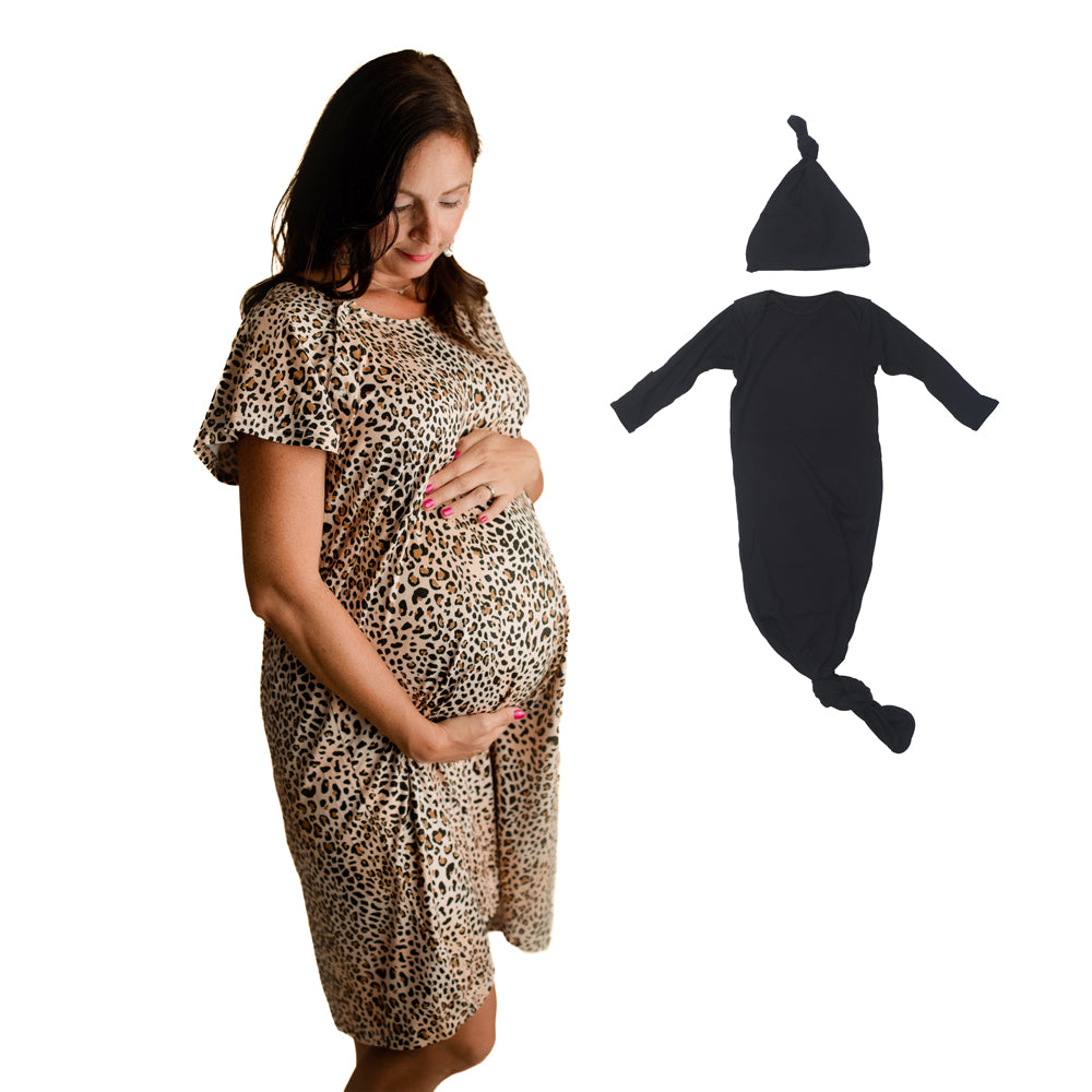 Leopard Mommy & Me Matching Labor Gown and Newborn Knotted Baby Gown