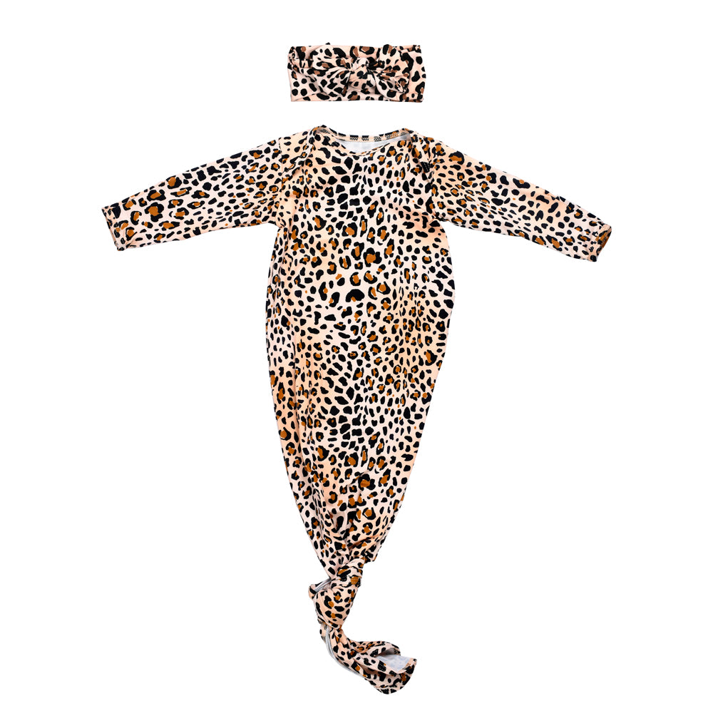 Three Little Tots number 1 best selling leopard knotted baby gown with bow