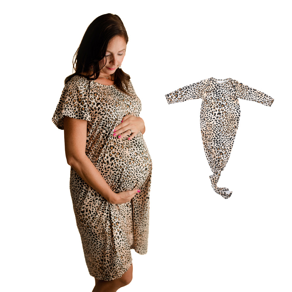 Leopard Mommy & Me Matching Labor Gown and Newborn Knotted Baby Gown