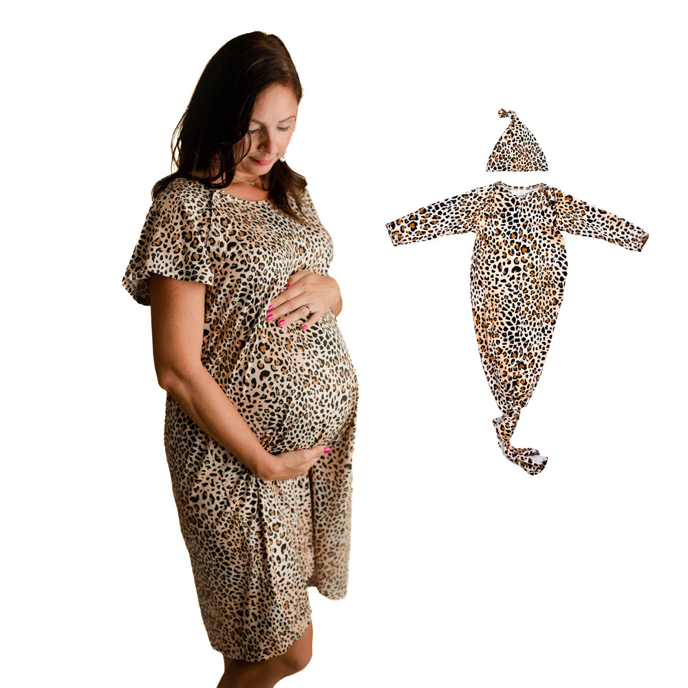 Leopard Mommy & Me Matching Labor Gown and Newborn Knotted Baby Gown