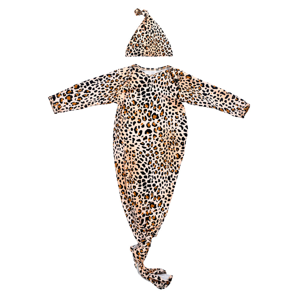 Leopard knotted baby gown with hat 