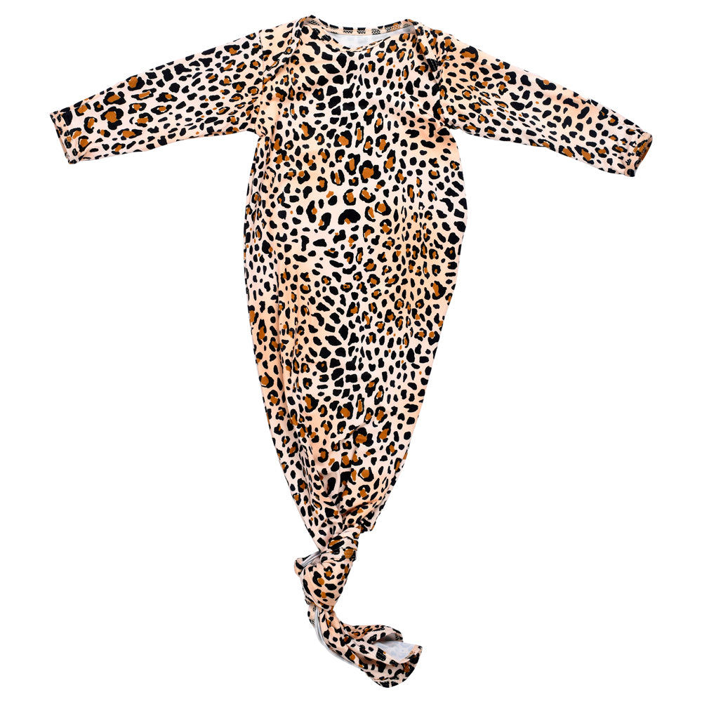A leopard printed knot baby gown for newborns