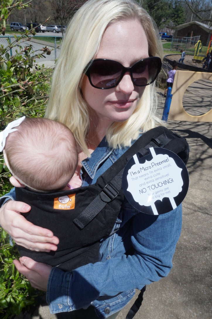 Micro Premies are babies born before 26 weeks or weighing less than 28 oz. Micro Preemies are more susceptible to germs. To keep them safe, add this Micro Preemie Sign on your car seat. 