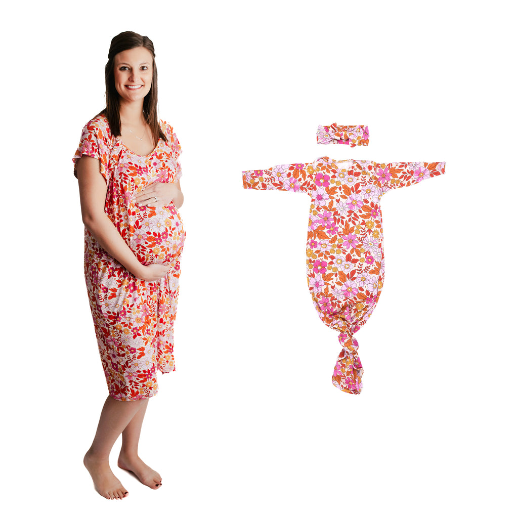 Matching Three Little Tots Mommy and Me Labor Gown and knotted baby gown