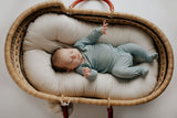 newborn baby in three little tots pajamas in the plum + sparrow moses baby basket