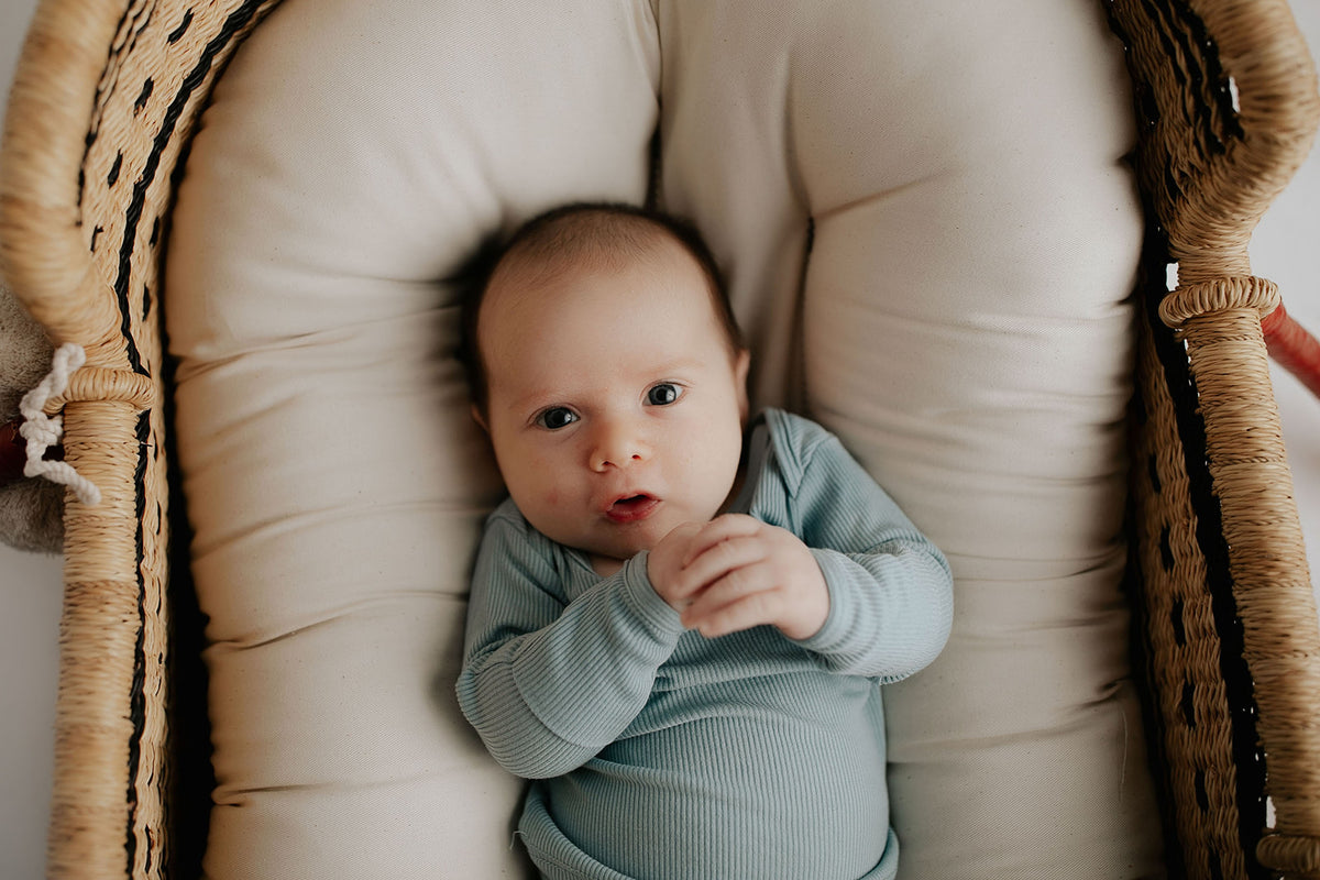 Newborn baby jammies featured in a Plum + Sparrow Moses Basket