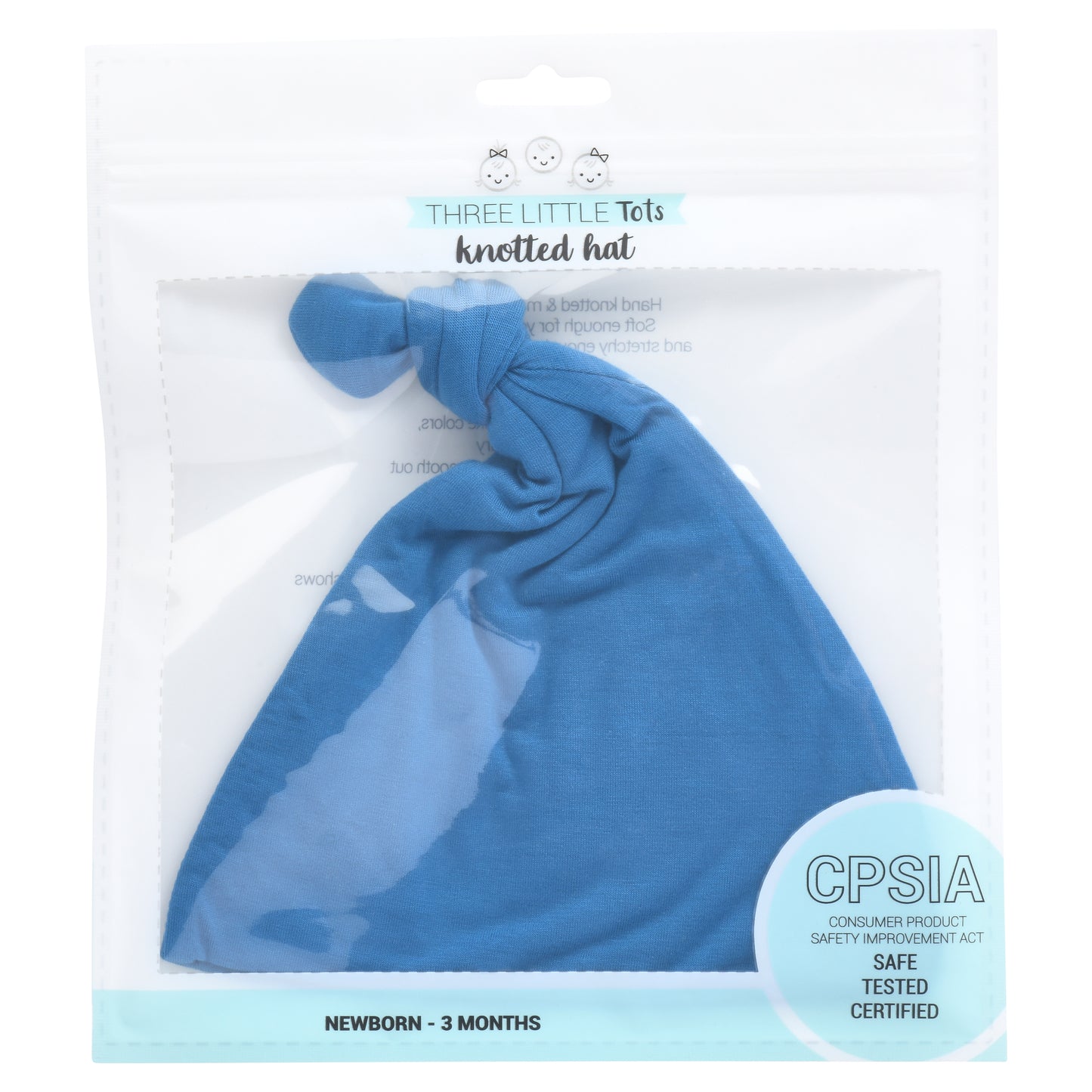 blue knotted baby hat in packaging 