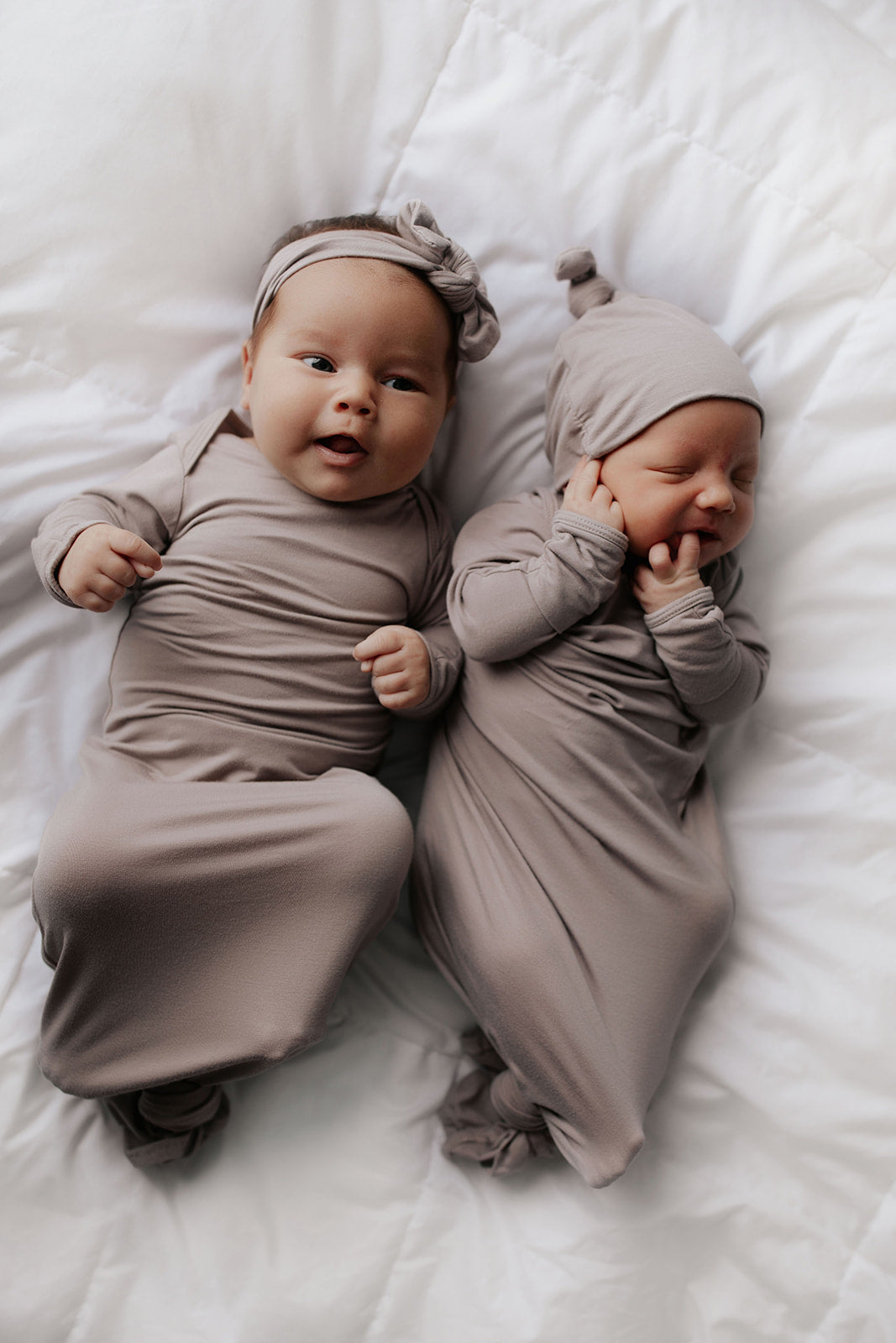Gender neutral matching taupe knotted baby gown