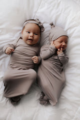 Gender neutral matching taupe knotted baby gown