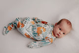 Ultra-soft Dinosaur baby gowns with stretchy fabric and tie bottom for easy night-time diaper changes.