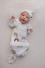 Luxuriously soft modal knotted baby gowns for rainbow babies, offering comfort, easy diaper changes, and style.