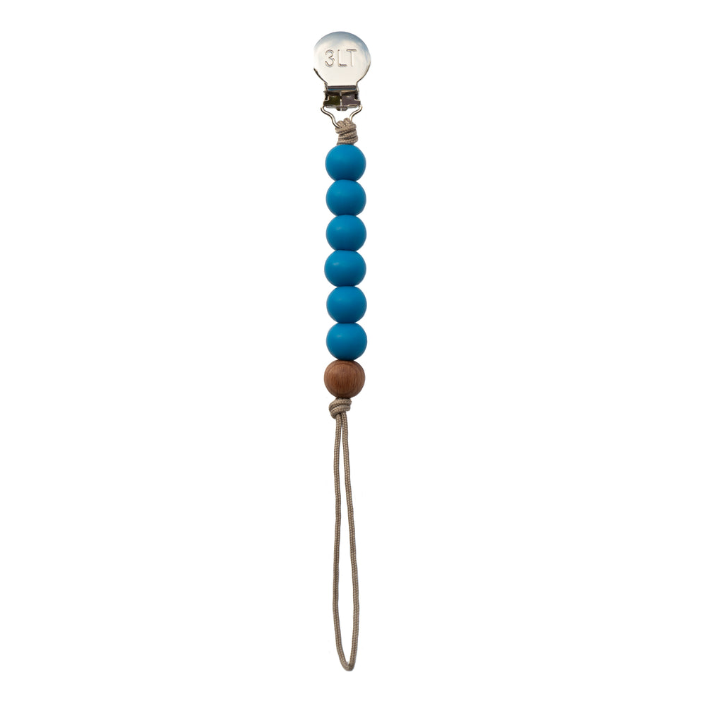 Three Little Tots Ocean Blue Silicone beaded pacifier clip. This paci clip is handmade in the USA.