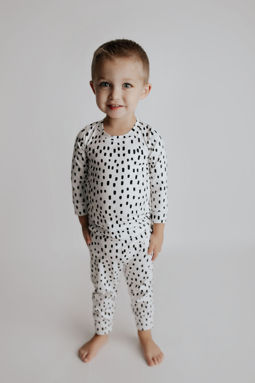 Polka Dot Toddler and big kid jammies in matching prints and solids, designed for comfy bedtime or lounging all day.