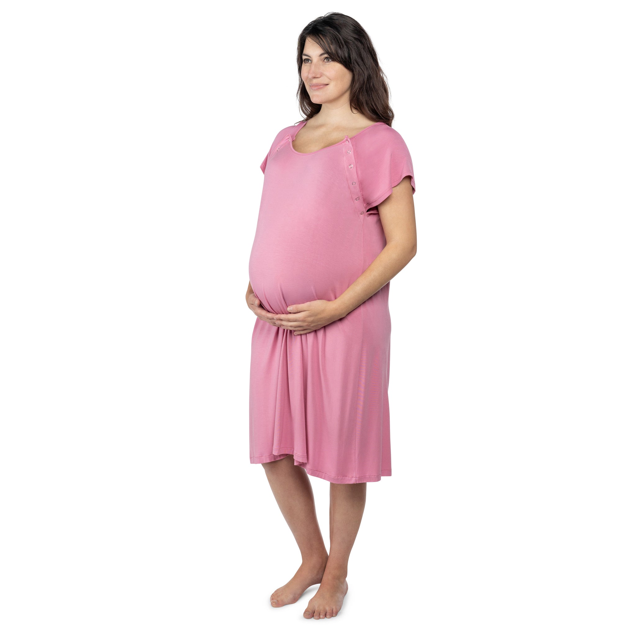 Ultra-soft, stretchy maternity gown with full backside coverage, perfect for pre and post-baby comfort.