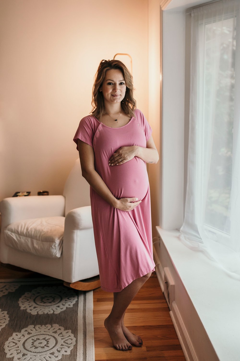 Ultra-soft, stretchy maternity gown with full backside coverage, perfect for pre and post-baby comfort.