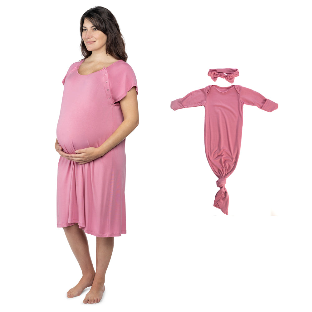 Cherish every moment with this comfy, breathable labor gown, perfect for before and after baby. Soft, matching nursing and baby gowns that provide ease for new moms and comfort for newborns.