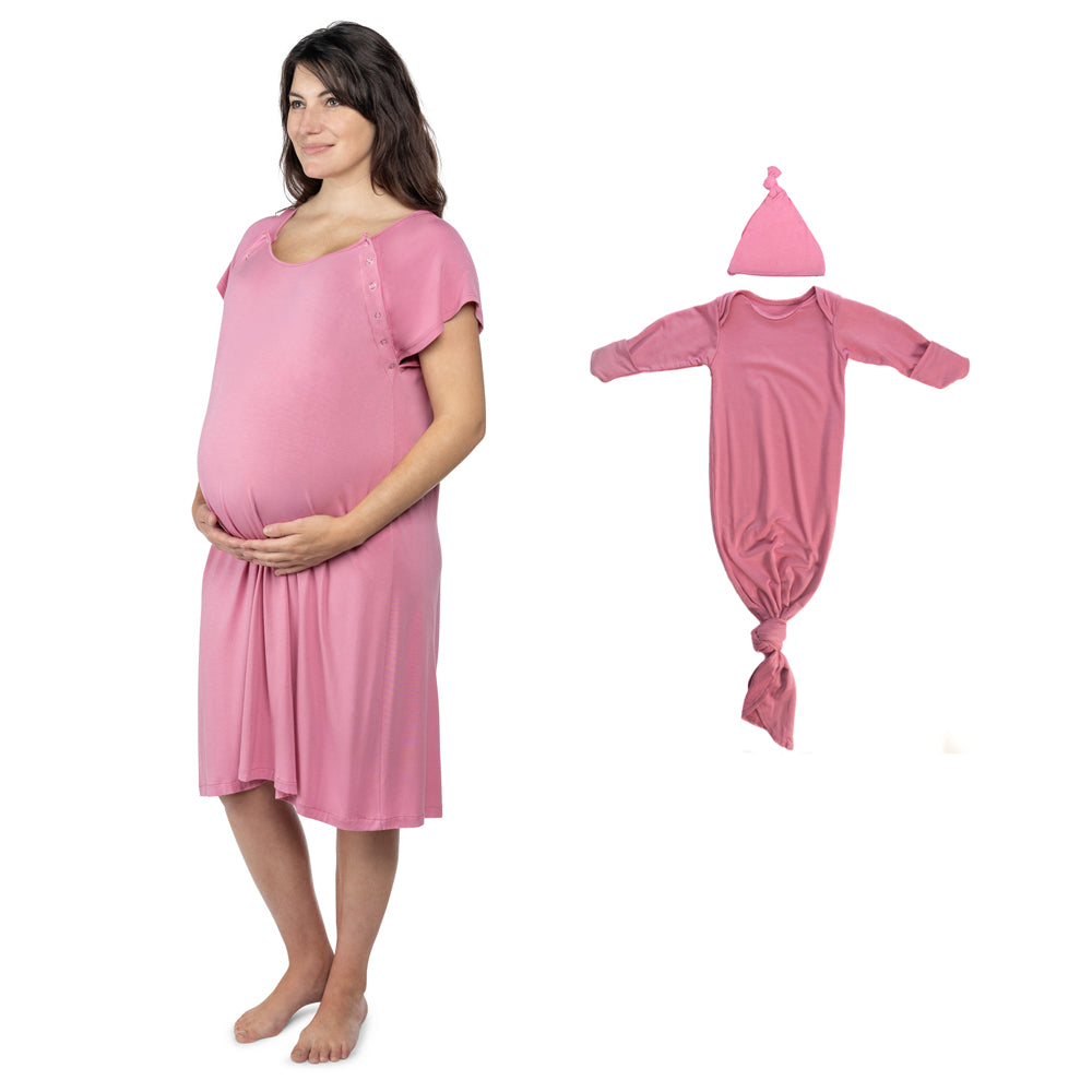 Cherish every moment with this comfy, breathable labor gown, perfect for before and after baby. Soft, matching nursing and baby gowns that provide ease for new moms and comfort for newborns.