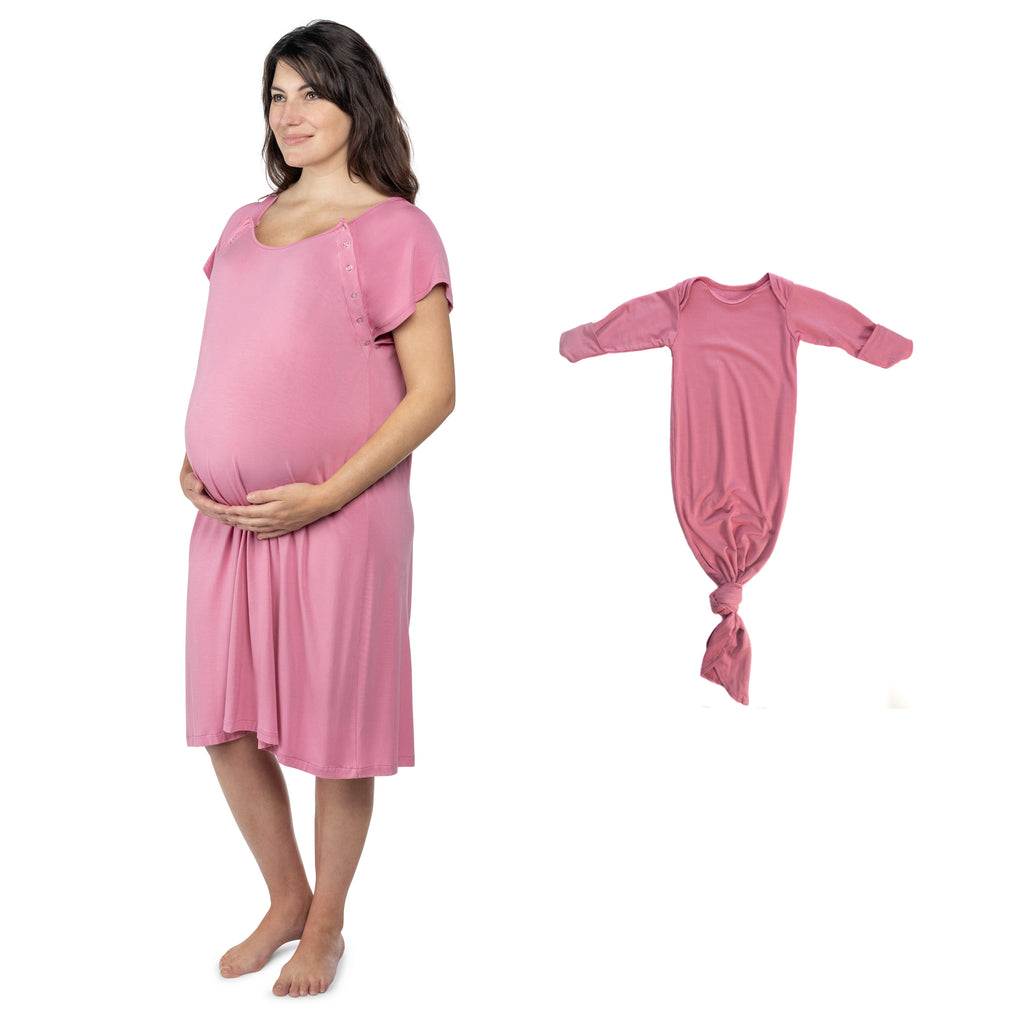 Cherish every moment with this comfy, breathable labor gown, perfect for before and after baby. Soft, matching nursing and baby gowns that provide ease for new moms and comfort for newborns.