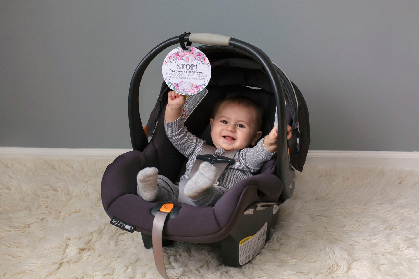 please don't touch baby keep germs away. Keep your baby safe from germs! Attach these tags to strollers, car seats, or cribs for peace of mind.